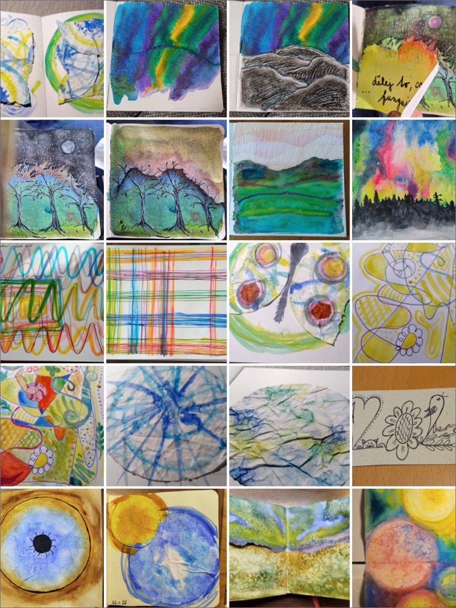 koláž výtvarných děl ze společného tvoření v rámci klubu arte pod vedením Radky Rubešové