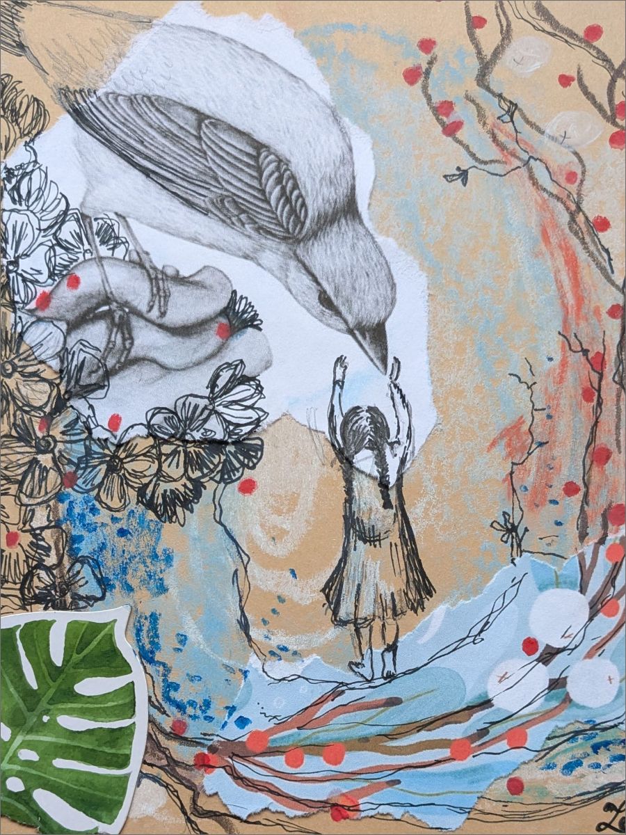 obraz dívky a ptáků ze společného tvoření v rámci klubu arte pod vedením Radky Rubešové